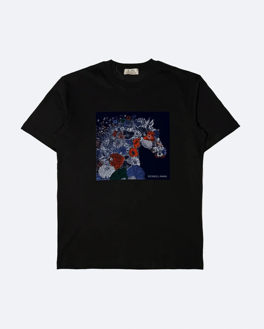 Hermes - Flower Horse Velour Print T-Shirt - Black