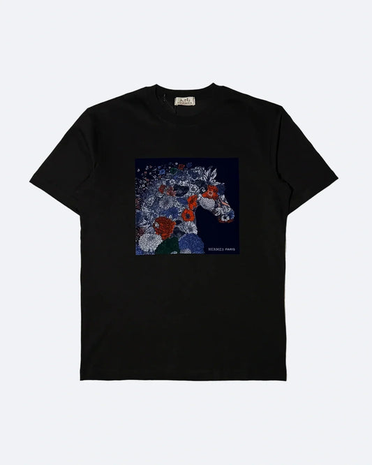 Hermes - Flower Horse Velour Print T-Shirt - Black
