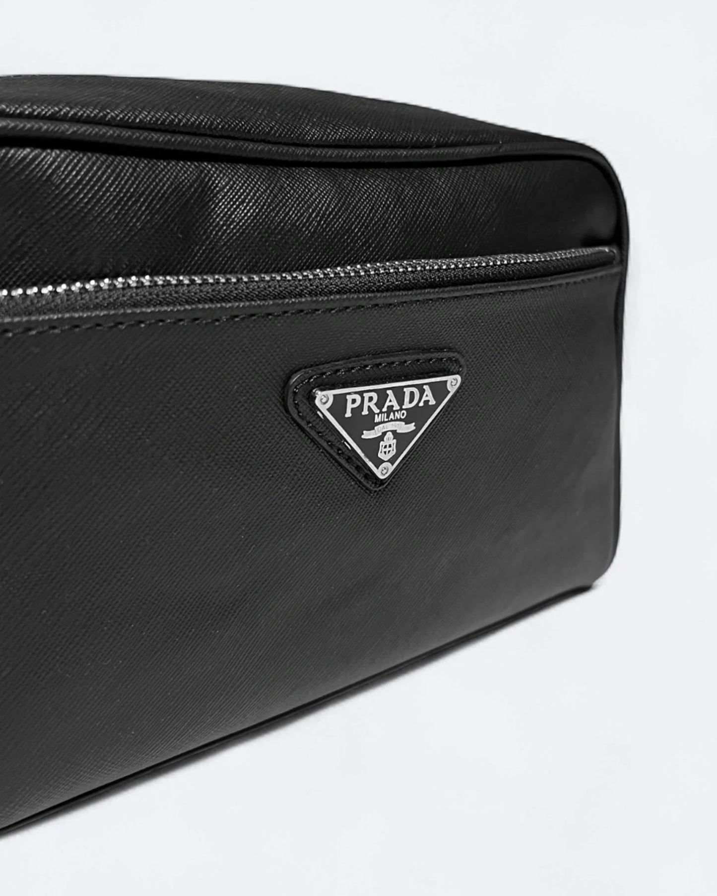 Prada - Logo Plate Hand Pouch Bag - Black