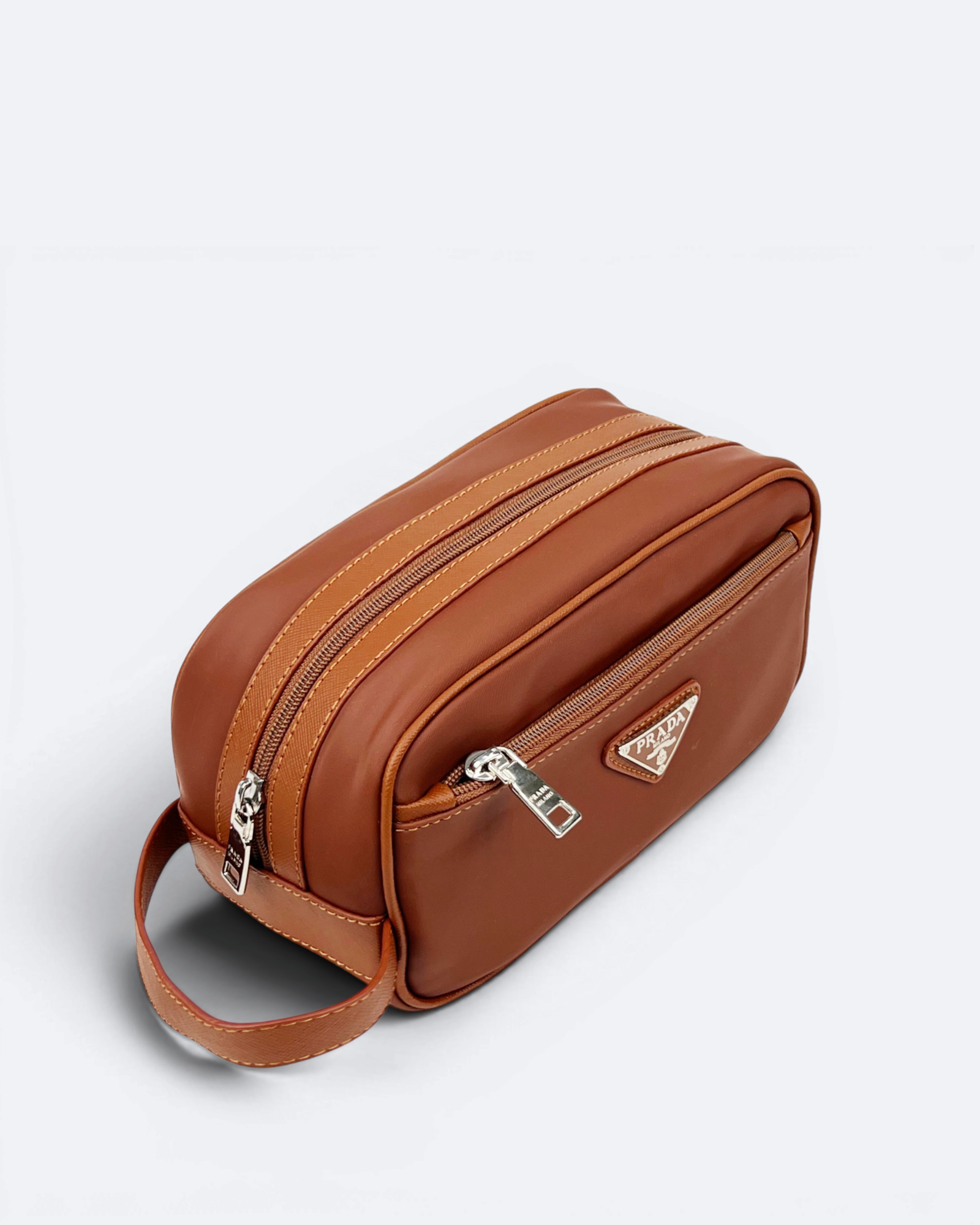 Prada - Logo Plate Hand Pouch Bag - Brown